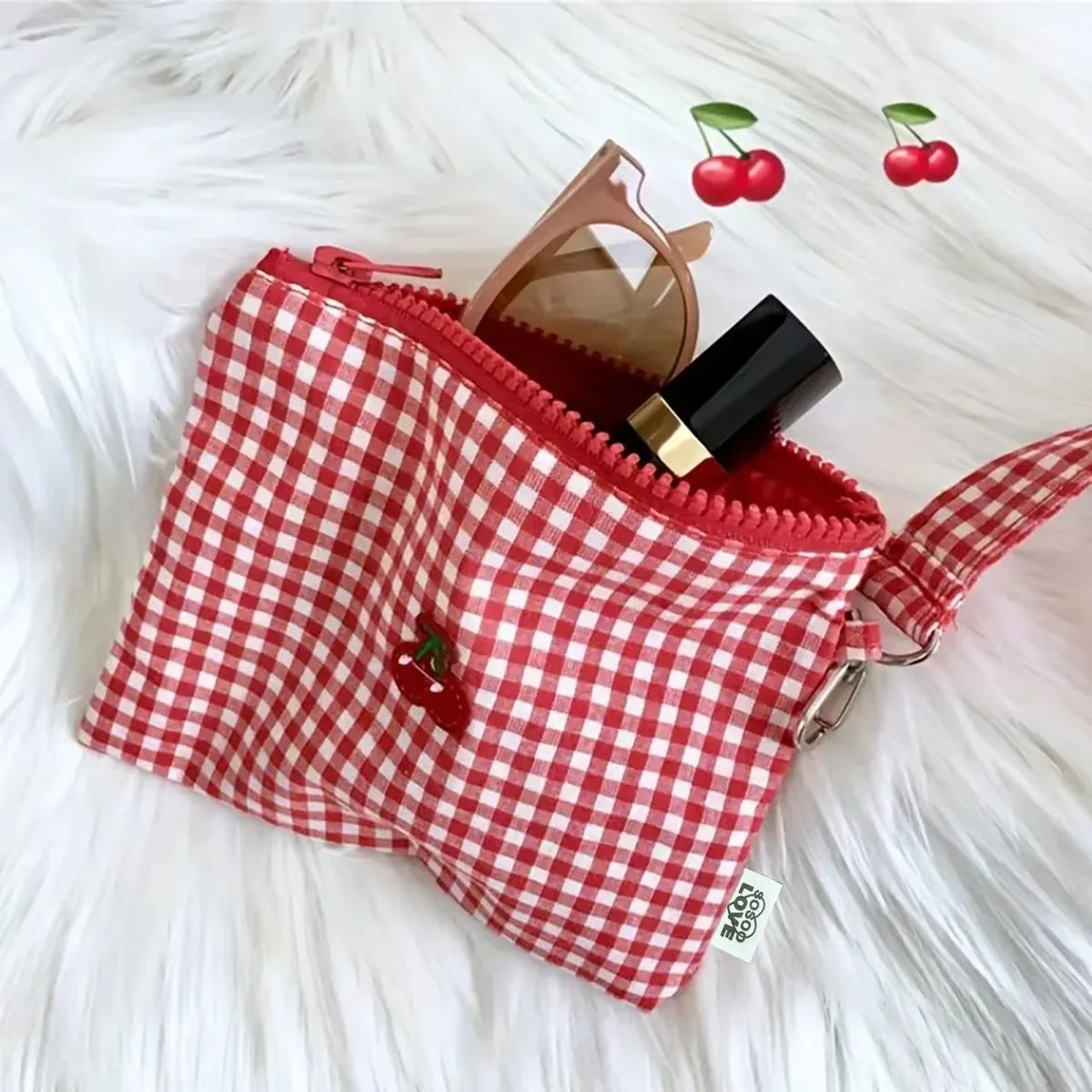 Red Cherry Canvas Makeup Bag, Portable and Easy to Carry. Red Plaid, Large Capacity Cosmetic Lipstick Storage Bag.