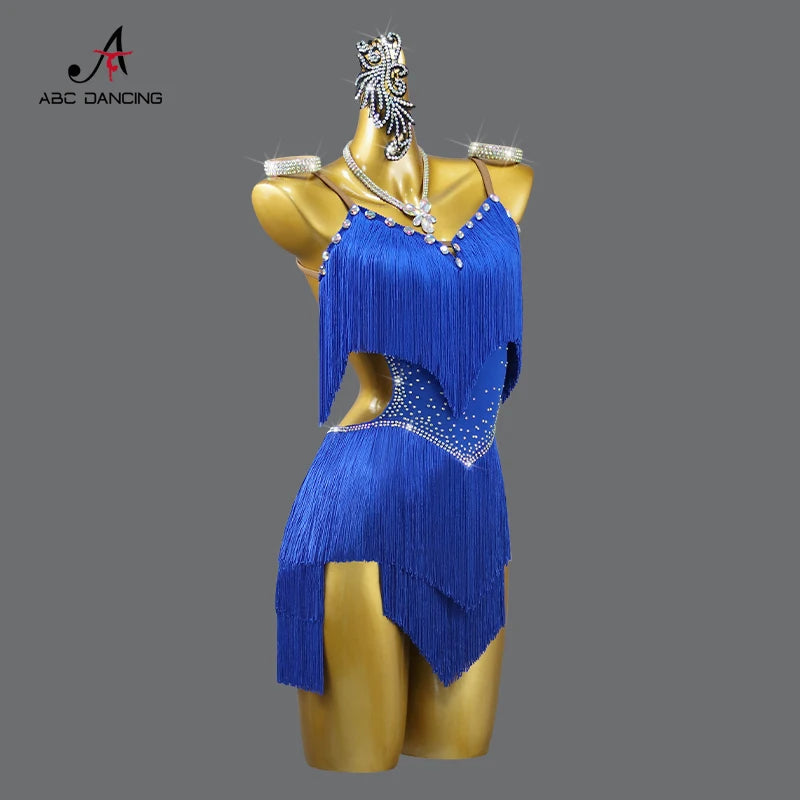 2026 New Latin Performance Dance Dress Women Sexy Outdoor Ballroom Party Fringe Skirt Sport Practice Wear Blue Prom Evening Suit
