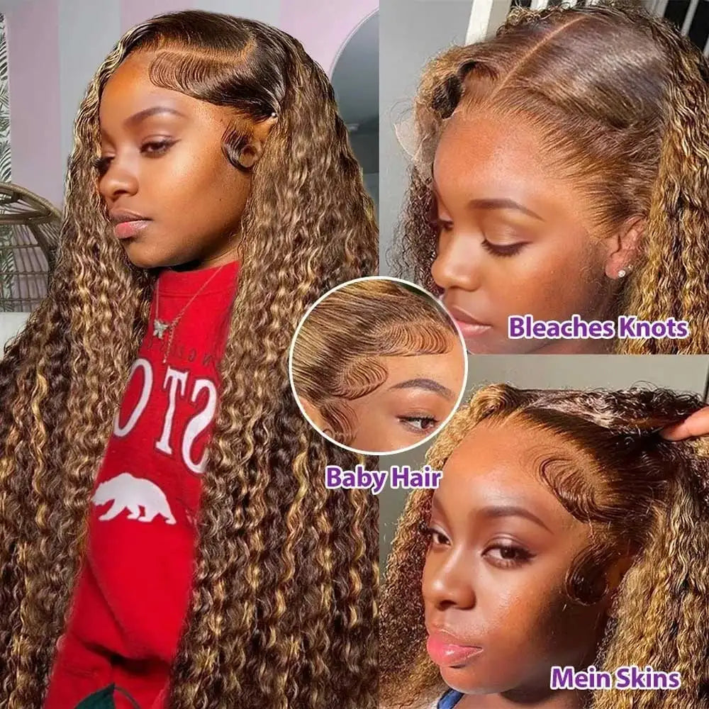 Highlight Curly Wig 13x4 Lace Front Wig Human Hair Wigs Glueless HD Deep Wave Lace Frontal Wig 4/27 Colored Wigs PrePlucked