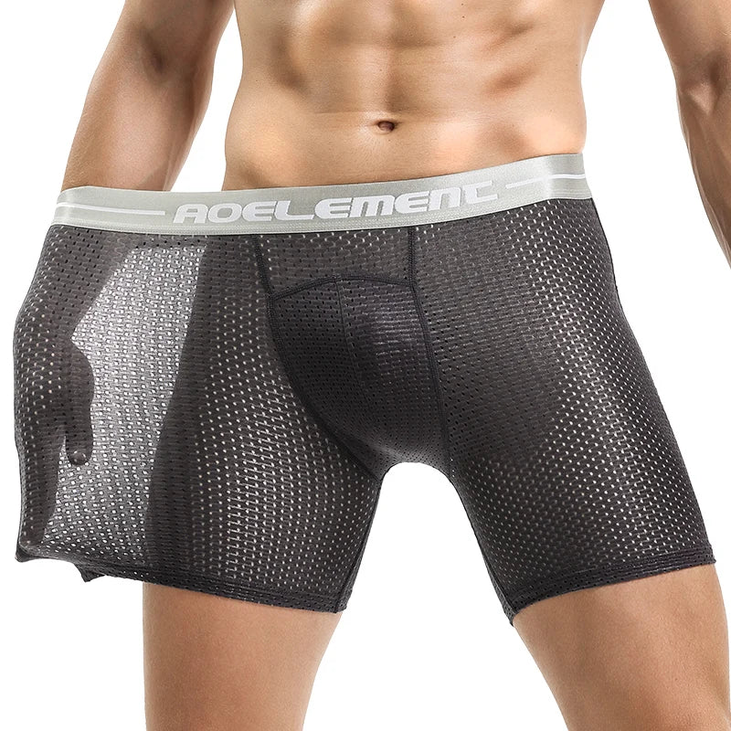 Men's Extra Long Sports Underwear Boxer Running Anti-Wear Legs Large Size Ice Silk Loose 100kg Fat Guy Four Corners