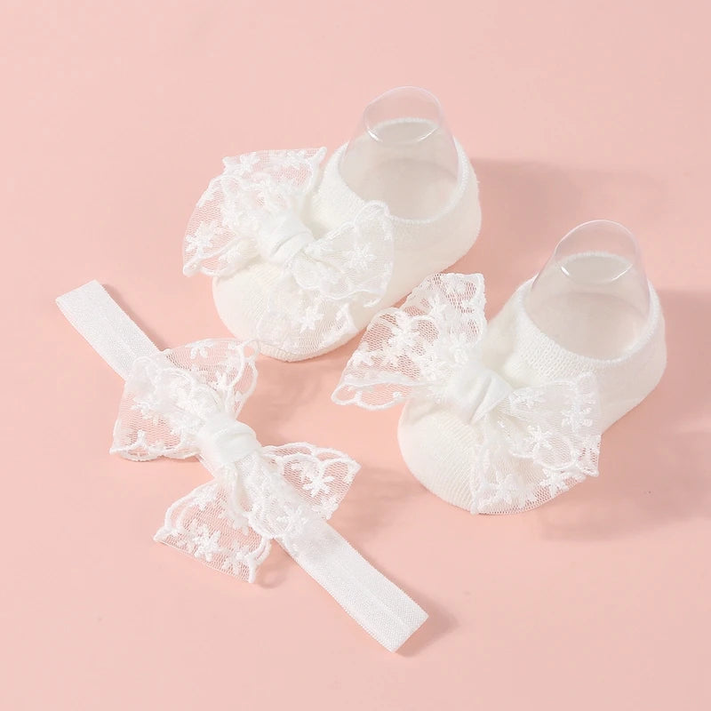 Baby Girls Socks Headband Sets Spring Autumn Knit Lace Bow Princess Socks for Party, Wedding, Baby Shower