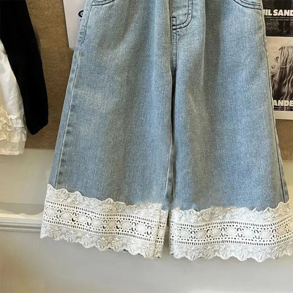 Bear Leader Summer New Blue Jeans 2-7-year-old Simple Kids Clothes Girls Korean Edition Fashion Lace Decoration Casual Pants