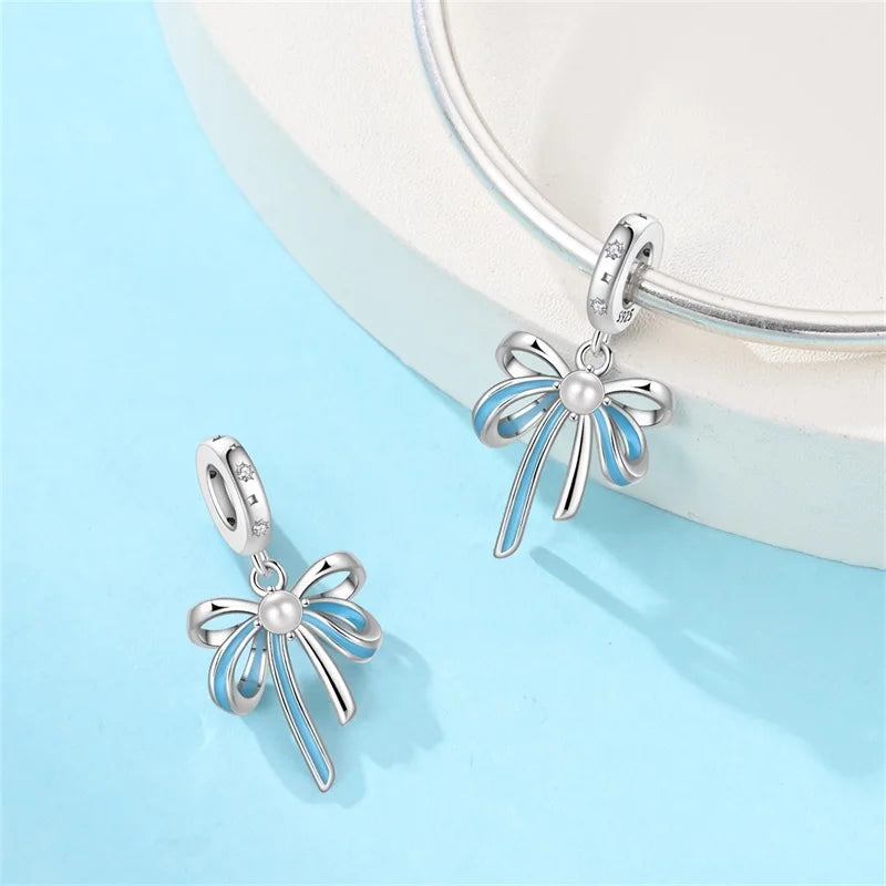 Silver Bow Charms 925 Sterling Silver Pink Heart-shaped Bow Pendants Charms Beads Fit Original S925 Bangle Bracelets DIY Jewelry