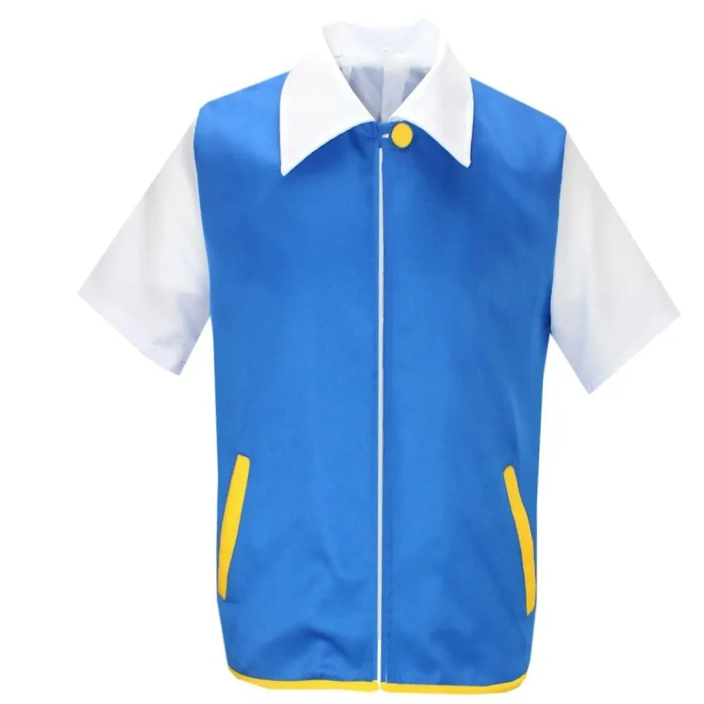 Men Anime Trainer Cosplay Costume Boys Ash Ketchum Adult for Girls Halloween Women Disfraz Party Blue Jacket Cap and Gloves Sets