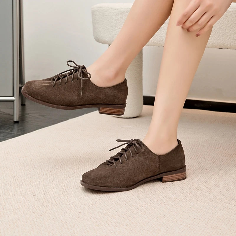Women Loafer Lace-up 2025 New Spring Shoes Women Suede Genuine Leather Women Oxford Shoes Large Size British Style Women Shoes
