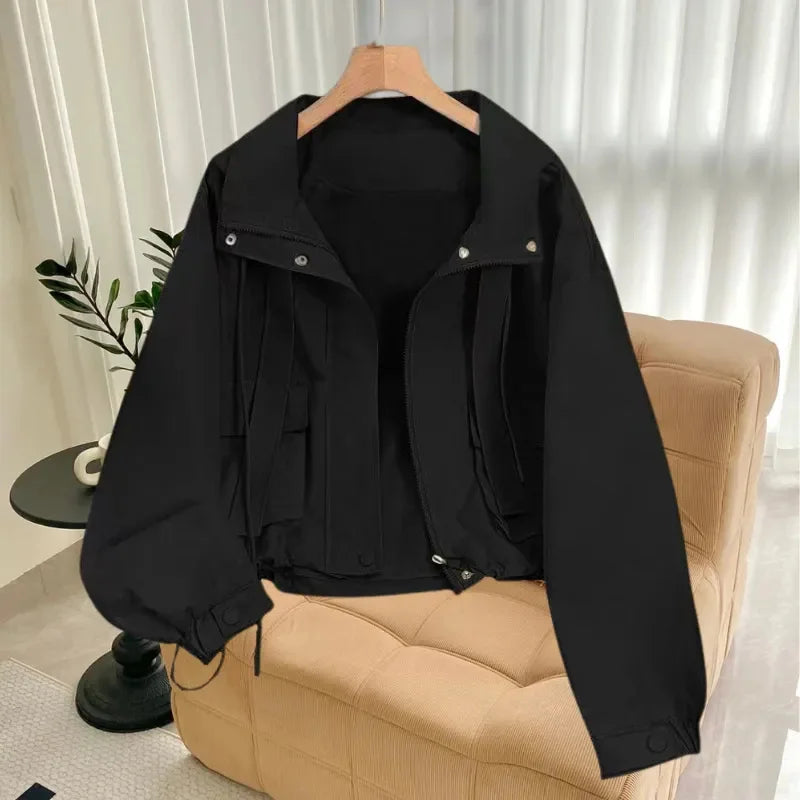Short Hooded Jacket Women's Spring Autumn 2026 New Lady Loose Thin Work Jacket Top Solid Casual Student Zipper Outwear