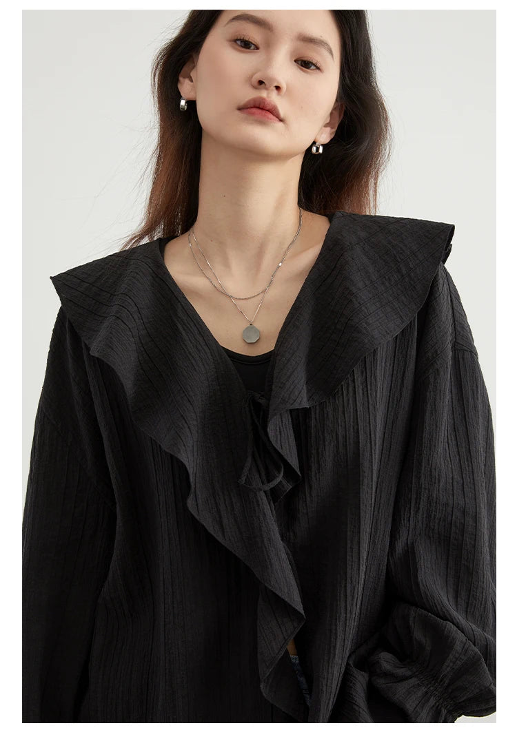 CHIC VEN Women Shirt Loose Casual Ruffled Edges Female Blouses V Neck Lace Up Mid Length Woman Shirts Spring Summer 2026