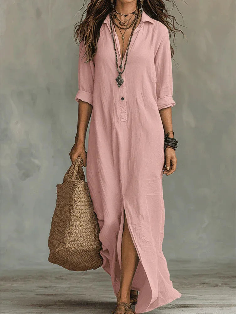 Casual Long Sleeve Loose Maxi Dress Women 2026 Summer Solid Color Turn-down Collar Beach Long Dresses Elegant Vestidos