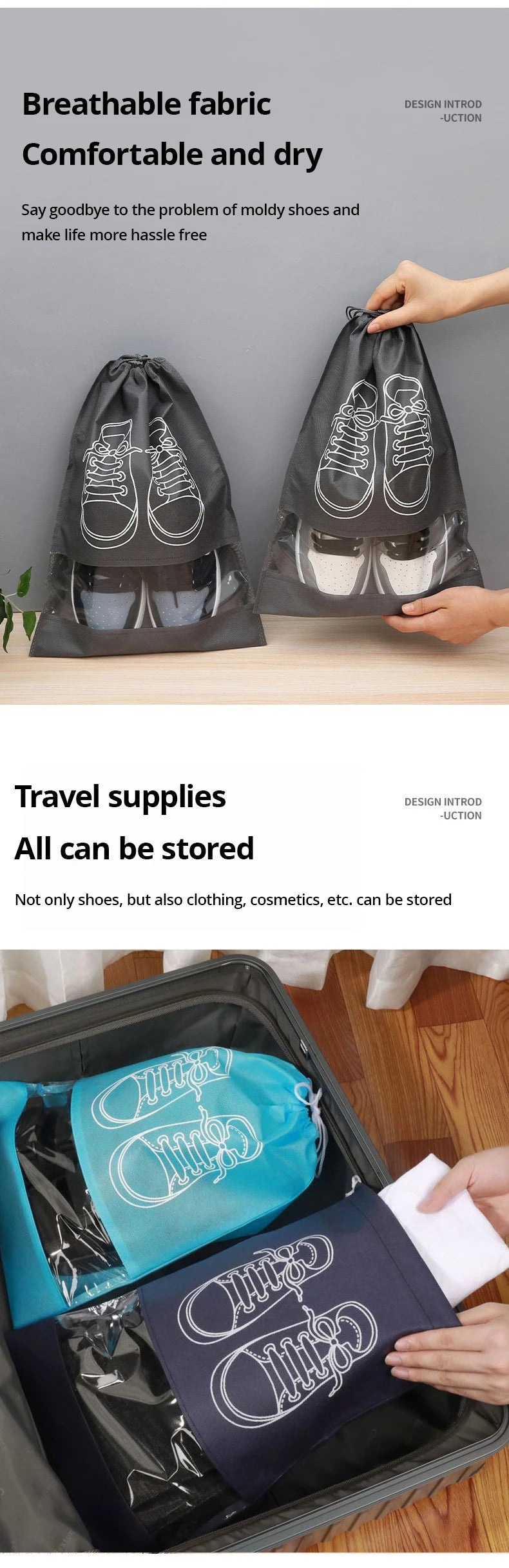 5pcs Shoes Storage Bag Closet Organizer Non Woven Travel Portable Bag Waterproof Pocket Clothing Classified Draw Hanging Bag