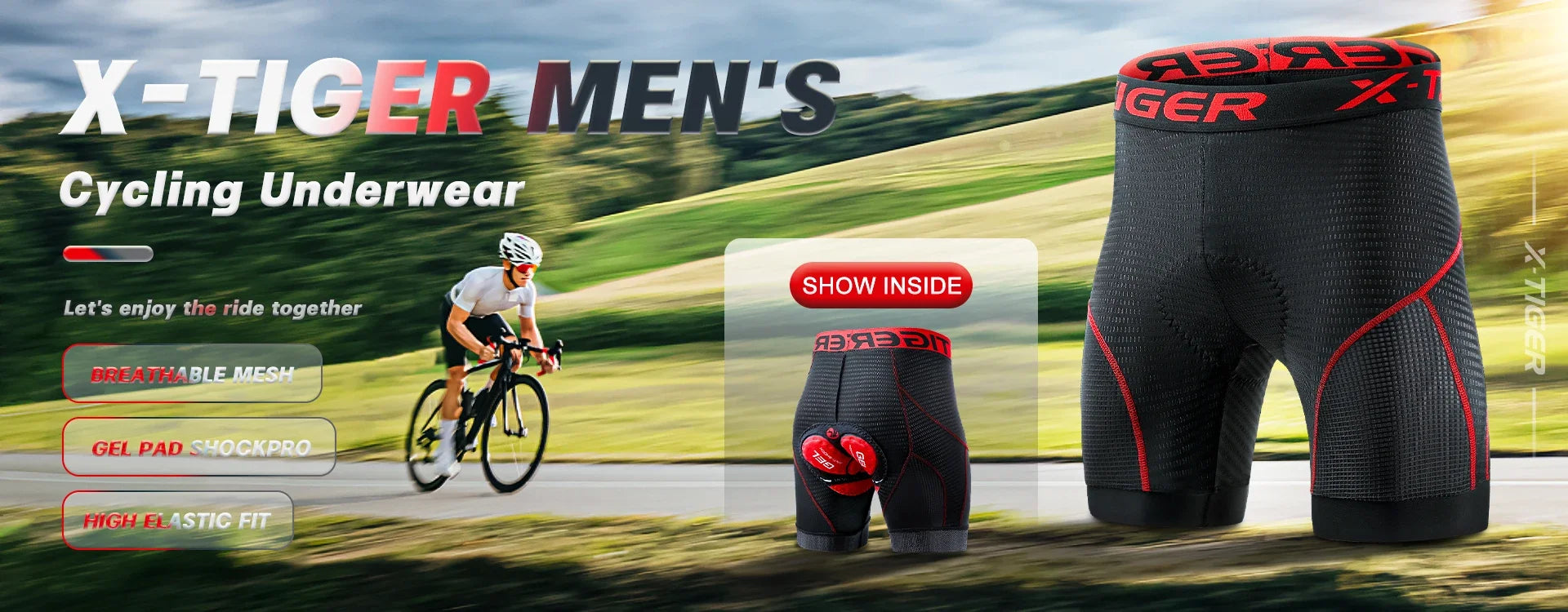 X-TIGER Cycling Underwear Men's Shorts 5D Padded Breathable Sports Riding Bike Bicycle MTB Liner Shorts with Anti-Slip Leg Grips