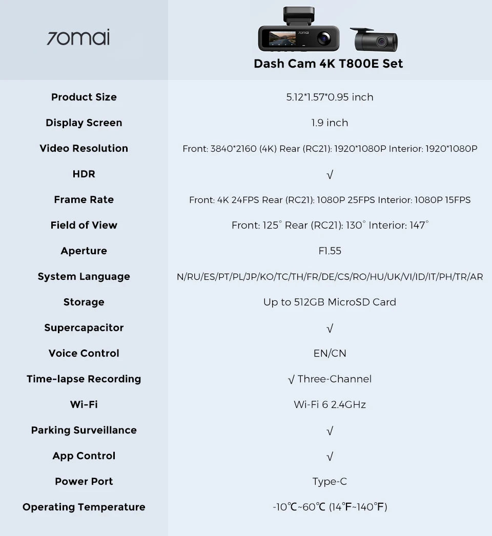 70mai t800e 3-Channel Front 4k + rear 1080p + interior 1080p HDR supercapacitor 24H parking GPS WiFi 6 70mai t800e voice control