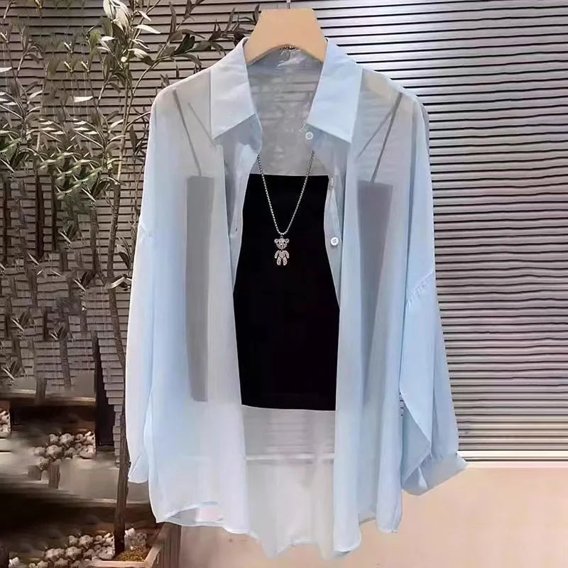 Plus Size Women’s Tops 2025 Summer Breathable and Sun-Proof Ice Silk Button Thin Loose Sheer Chiffon Blouses Shirts Long Sleeve
