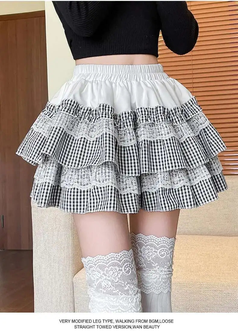 2025 Spring Summer Sweet Cute Lace Patchwork Plaid Cake Short Skirt With Shorts Womem Korean Japan Preppy Style Skirts
