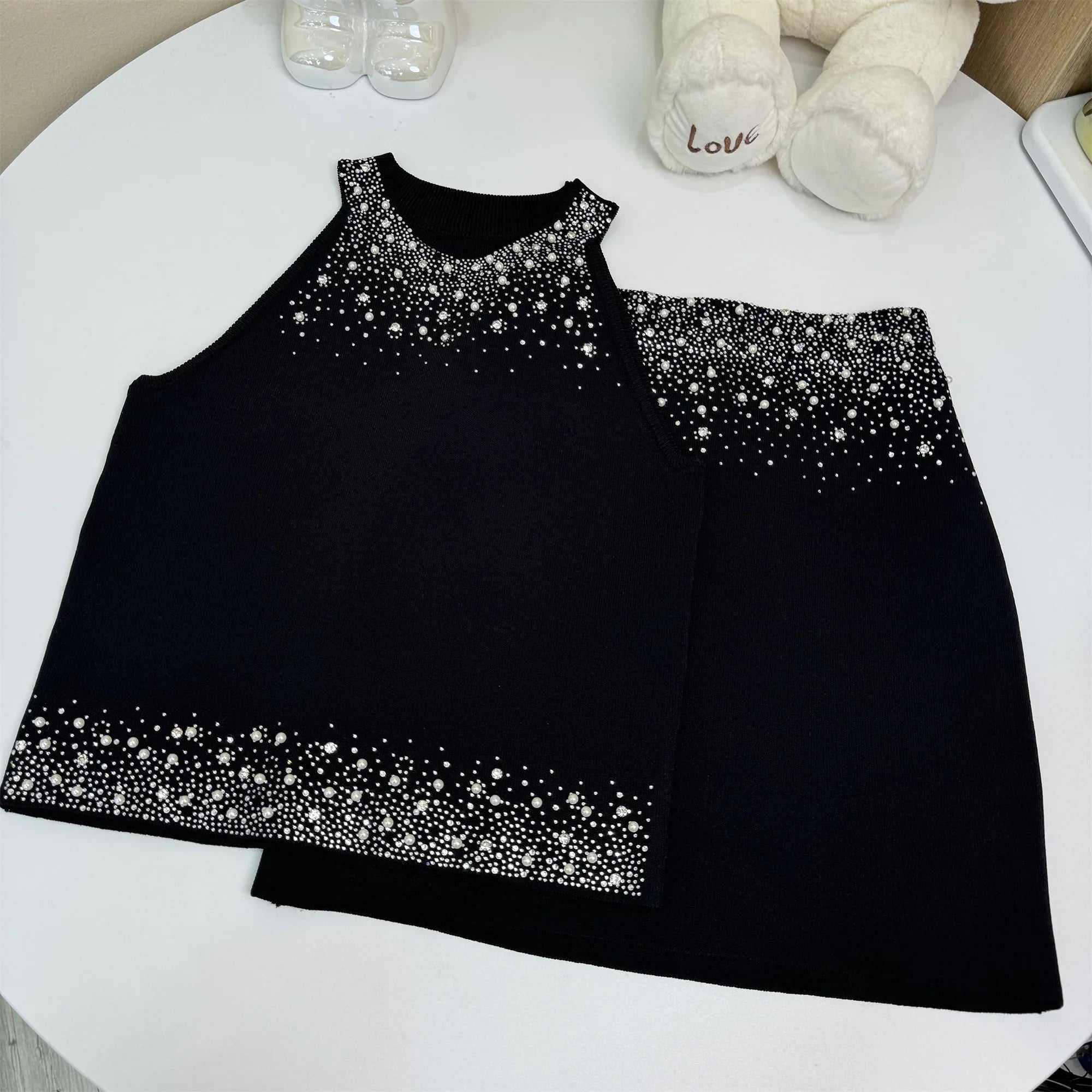 Womem Nail Bead Top + Short Skirt Two Piece Outfit Ensemble Femme High Quality French Luxury Diamonds Knitted 2 Piece Set