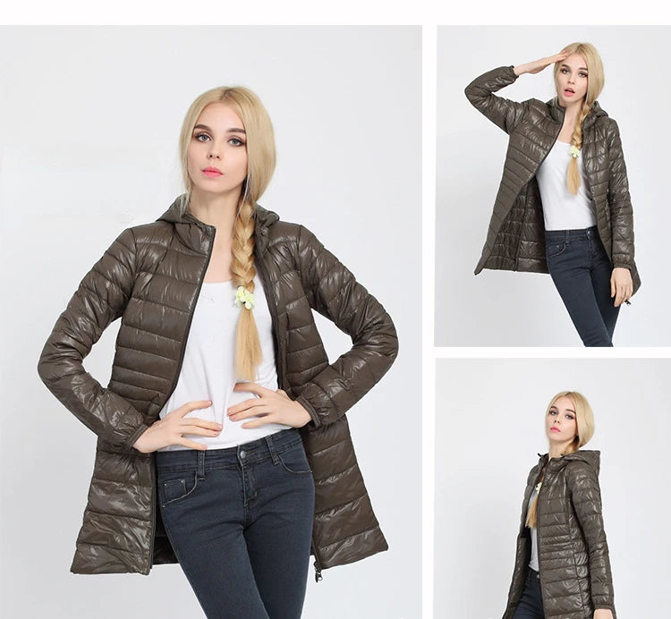 Women Long Warm Light Down Jacket Ladies Fashion Hooded with Portable Storage Bag Puffer Coats Women's Overcoats Hip-Length Coat