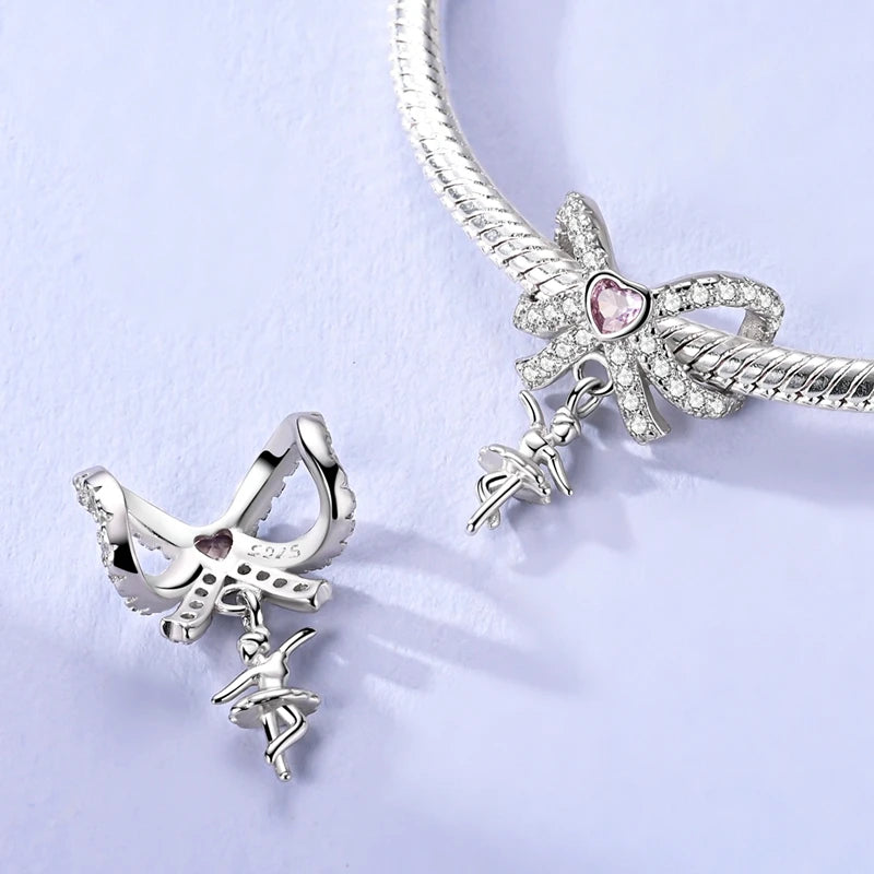 Silver Bow Charms 925 Sterling Silver Pink Heart-shaped Bow Pendants Charms Beads Fit Original S925 Bangle Bracelets DIY Jewelry