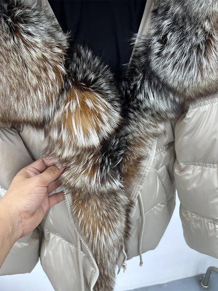 Winter Real Fox Fur Collar Hooded Thick Goose Down Jacket Natural Coat Women Female Outwear Luxury Warm Russia Puffer Jackets