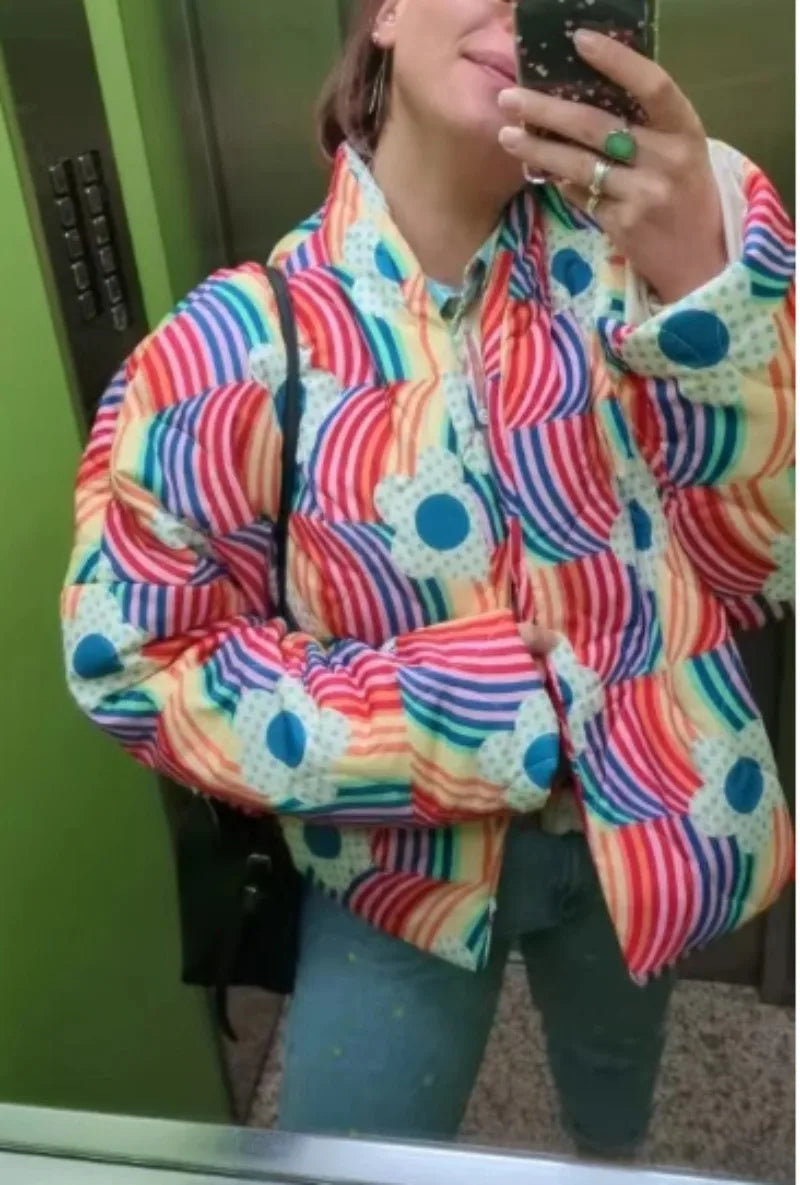 Rainbow Floral Print Winter Cotton Coat Women Chic Casual Cardigan Vintage Harajuku Autumn Puffer Jacket Quilted Streetwear New