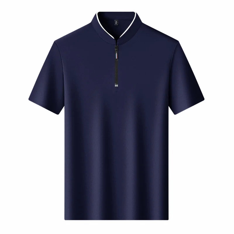 2025 New Men's Casual Fashion Zipper Solid Color Short Sleeved Polo Shirt Stand Up Collar Versatile Comfortable Top