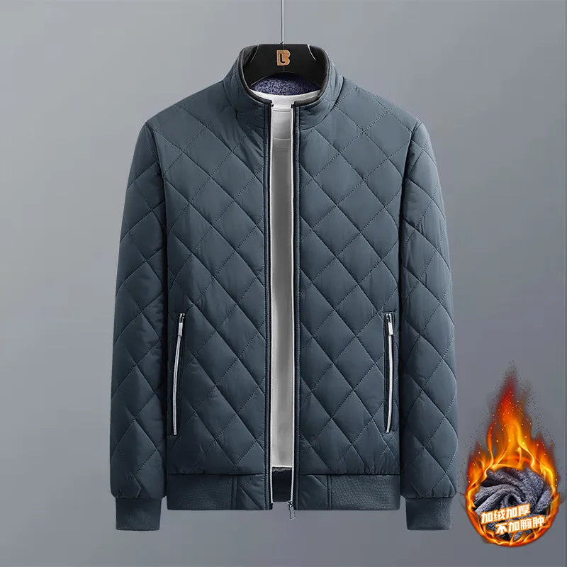 Autumn Winter Bomber Jacket Men Diamond Pattern Fleece Lined Casual Jacket Men Fashion Clothing 2023 Brand New Slim Fit Coat