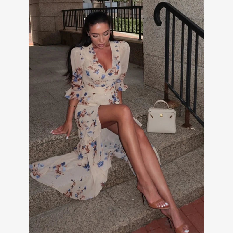 Fashion Organza Floral Printed Maxi Dress V-Neck Puff Sleeve 2026 Spring/Summer Romantic Women Party Gown Elegant Lady Vestido