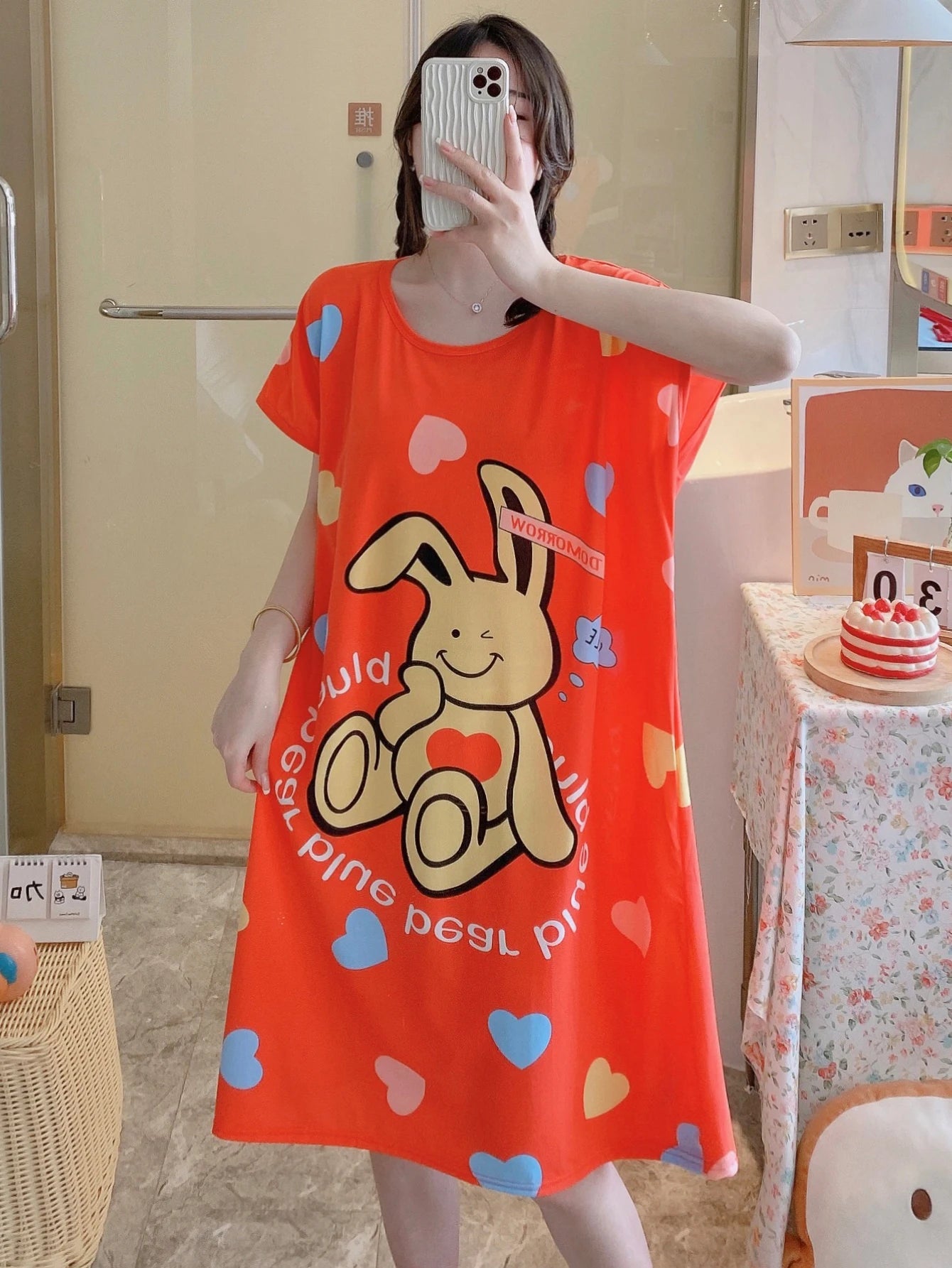 1PC, Summer And Autumn Cool Cute Girls Cartoon Nightdress, Comfortable Short-sleeved Dress, Women's Home Wear, Polyester Pajama
