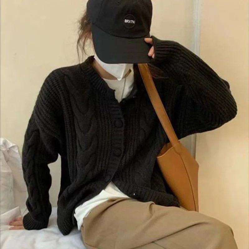 Autumn Twist Knitted Cardigan Womem Winter Thicken Warm O Neck Sweater Jacket Female Solid Button Up Long Sleeve Crop Knitwear