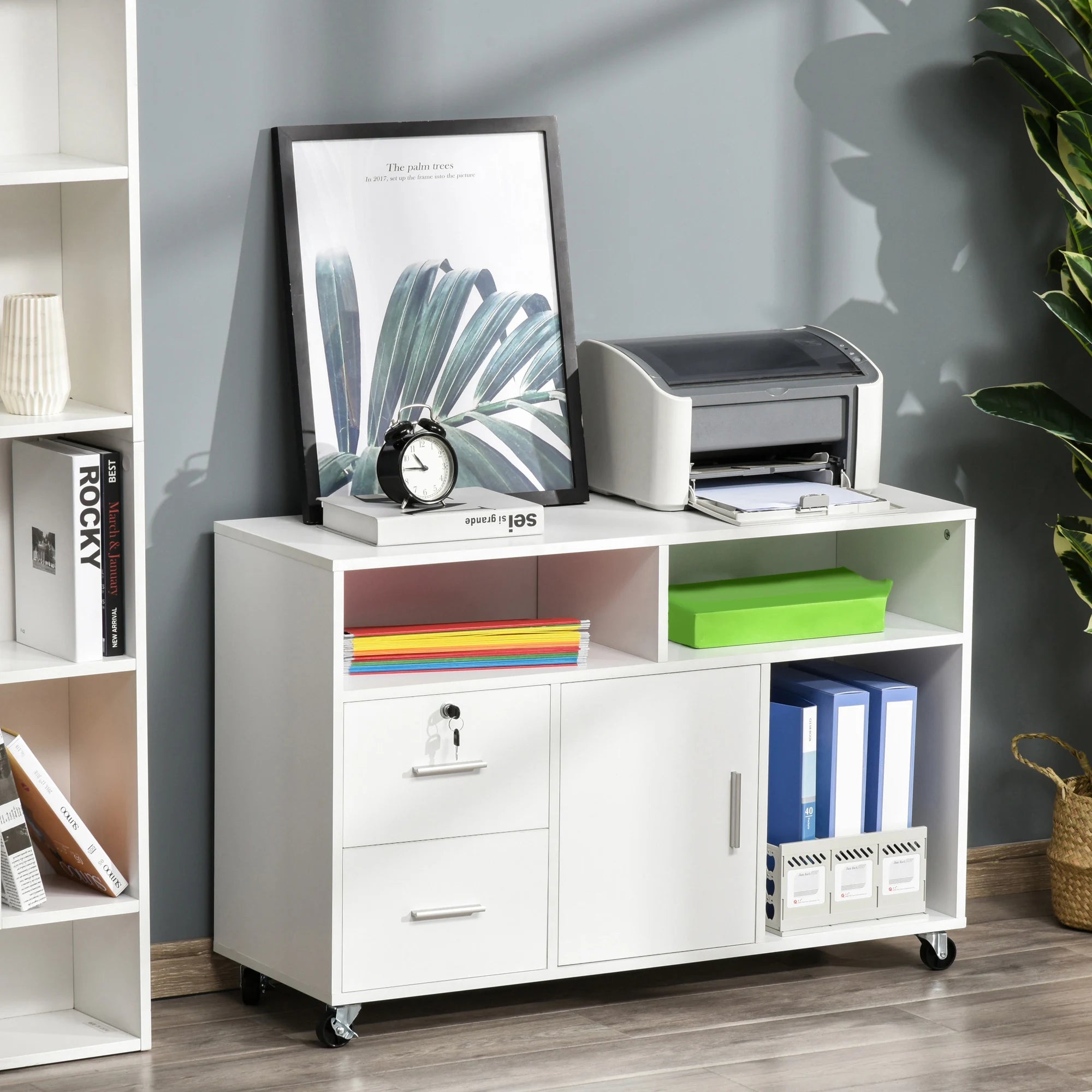 HOMCOM office furniture with wheels drawers and shelves 100x35x65 cm White