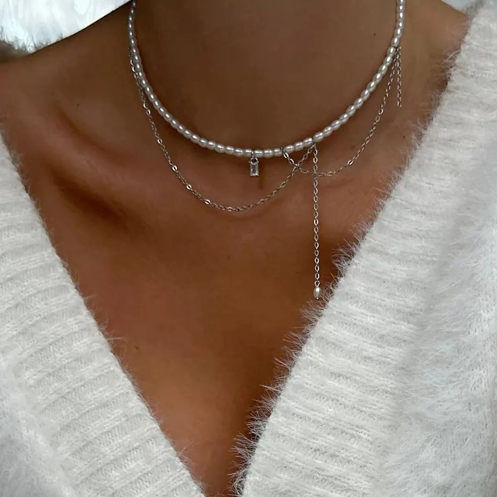Fashion Tassel Chain Pendant Necklace For Women Boho Transparent Crystal & Imitation Pearl Chain Jewelry Valentine's Gift N0538