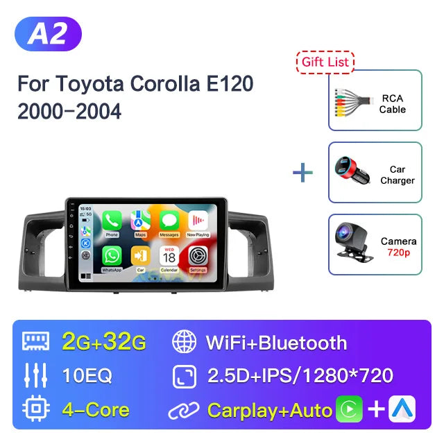 Car Stereo Radio Multimedia Player For Toyota Corolla E130 E120 2000 2001 2002 2003 2004 GPS Carplay Android Auto 2din Head Unit