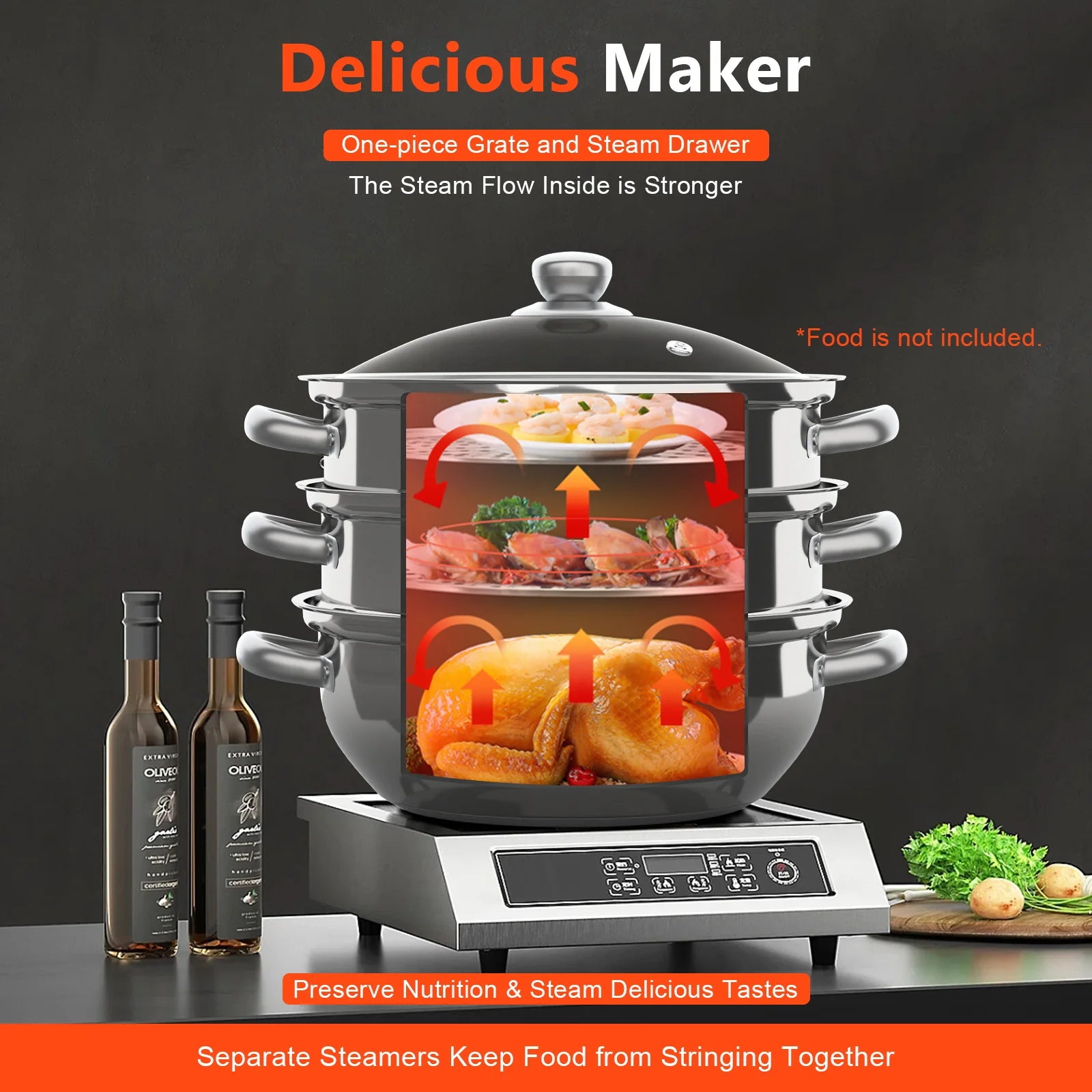 28CM Stainless Steel Steam Cooker Multi-Function 3 Tier Steamer Pot Cookware for Cooking Veg Meat Soups Seafood
