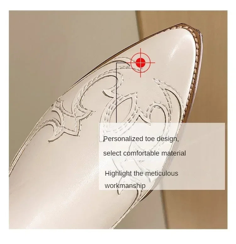 Vintage Square Head Thick Heel Cowboy Boot for Women Embroidered Western Cowboy Boots Side Zipper Shoes Autumn Pointed Boots