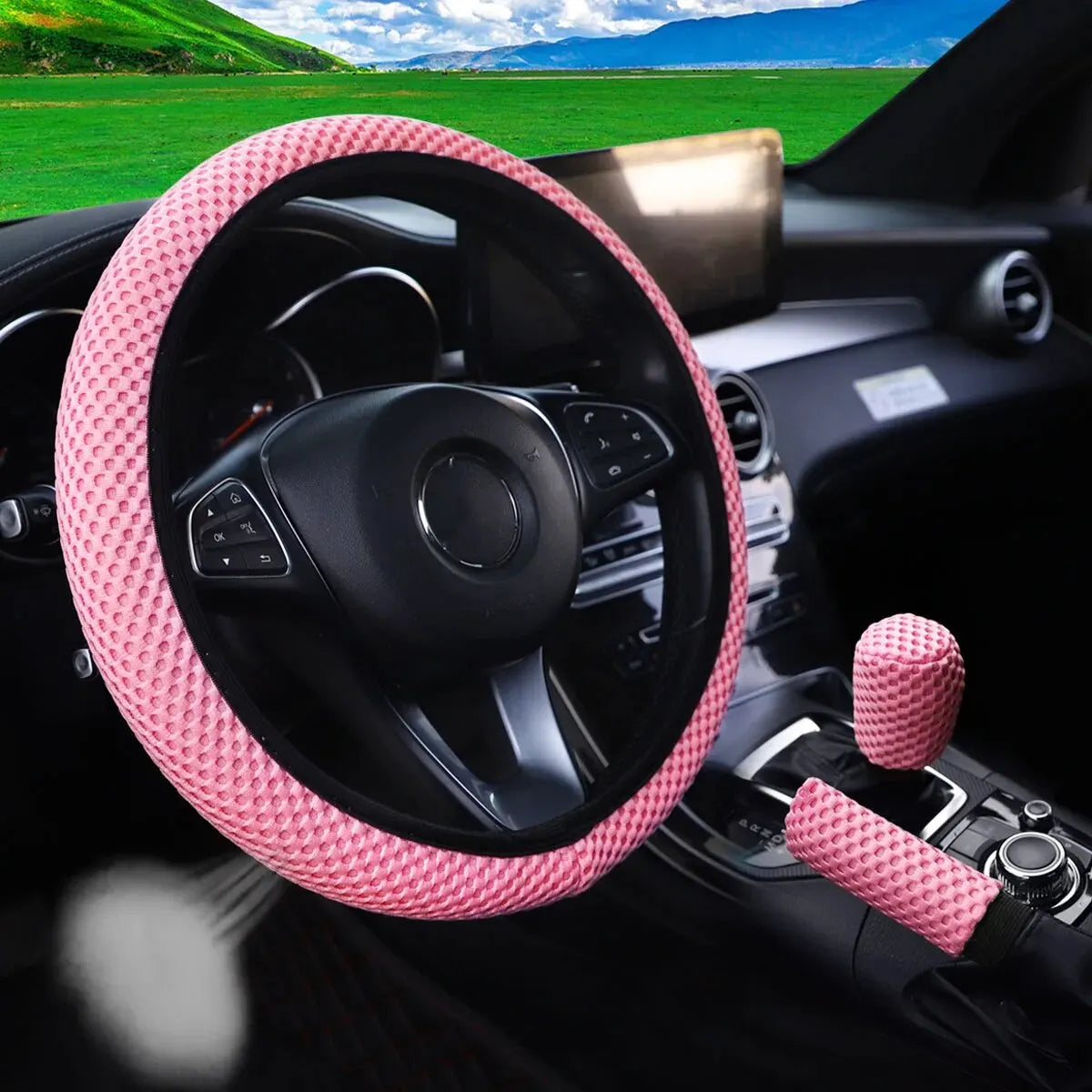 3 Car Massage Mesh Cloth Steering Wheel Cover Handbrake & Handle Cover Set Breathable No Inner Ring for 14.5-15 Inch Accessories