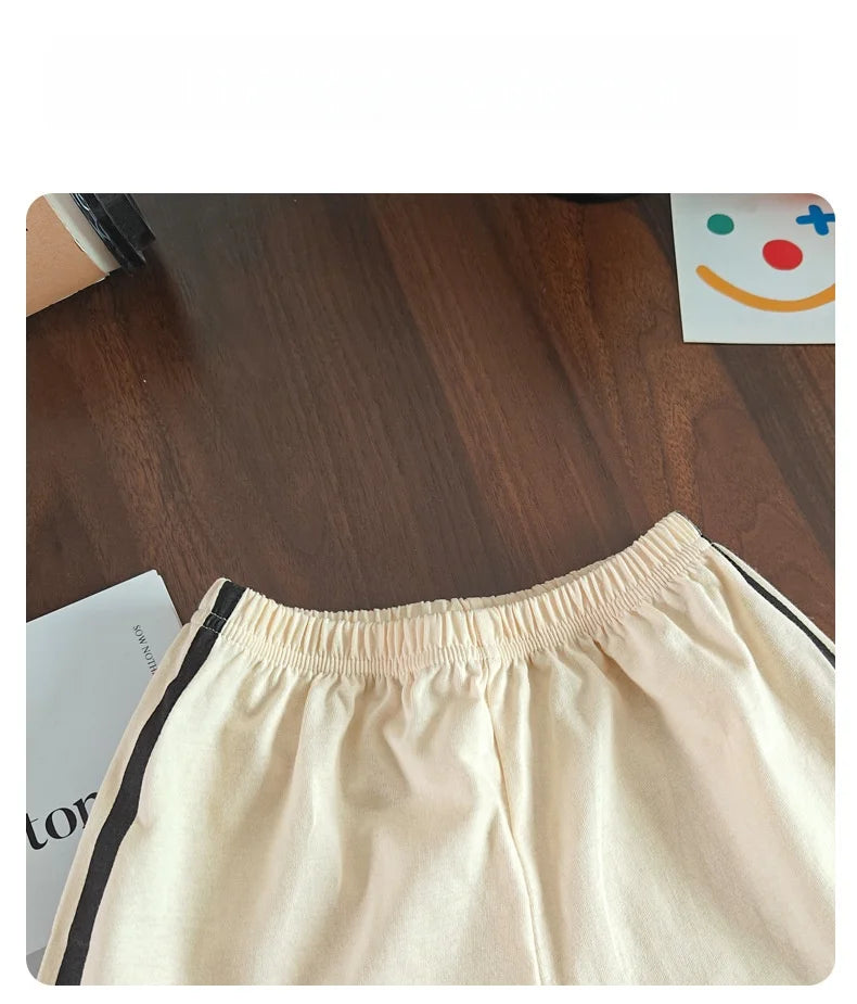 2026 New Summer Sporty Style Children Sets Letter Pattern Tee+Striped Shorts 2Pcs Clothes Short Sleeve Cotton Boys Girls Suit