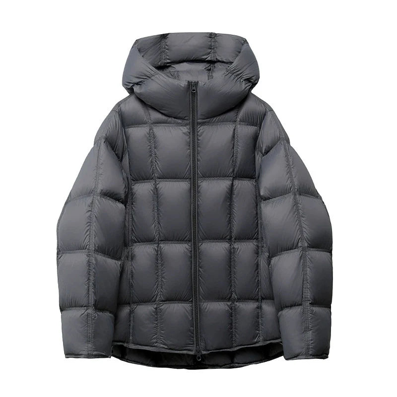 Schinteon Women Light White Down Jacket with Hood Loose Over Size Casual Autumn Winter Outwear Square Warm Short Coat 2026 New