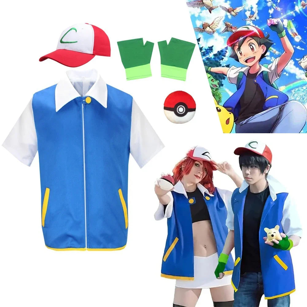 Men Anime Trainer Cosplay Costume Boys Ash Ketchum Adult for Girls Halloween Women Disfraz Party Blue Jacket Cap and Gloves Sets
