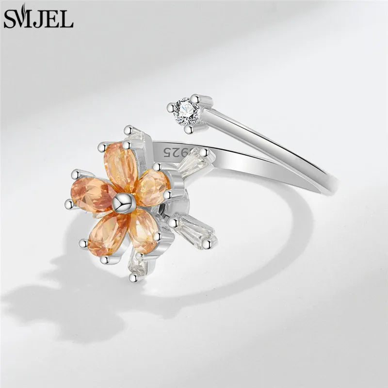 Ethnic Fashion Daisy Flower Anxiety Ring Adjustable Women Girls Worry Stress Relief Jewelry Spinning Fidget Rings Party Gifts