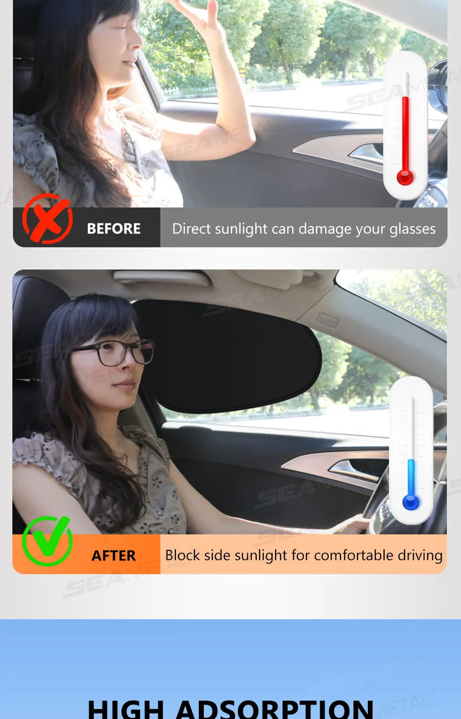 SEAMETAL Electrostatic Sun Visor for Car Side Window 4-Layer Sun Shade Curtains Anti-Glare UV-Blocker Auto Sun Protection Cover