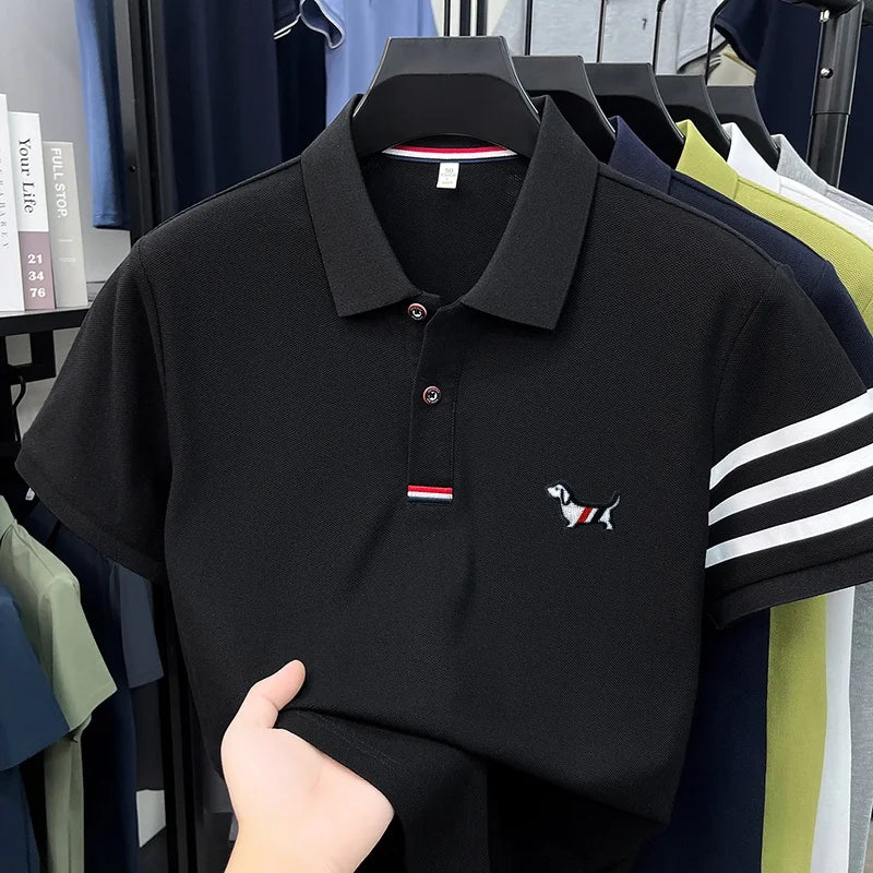 luxury brand men's high quality short sleeves polo shirt lapel embroidery puppy cuff stripe t-shirt business leisure men's wear