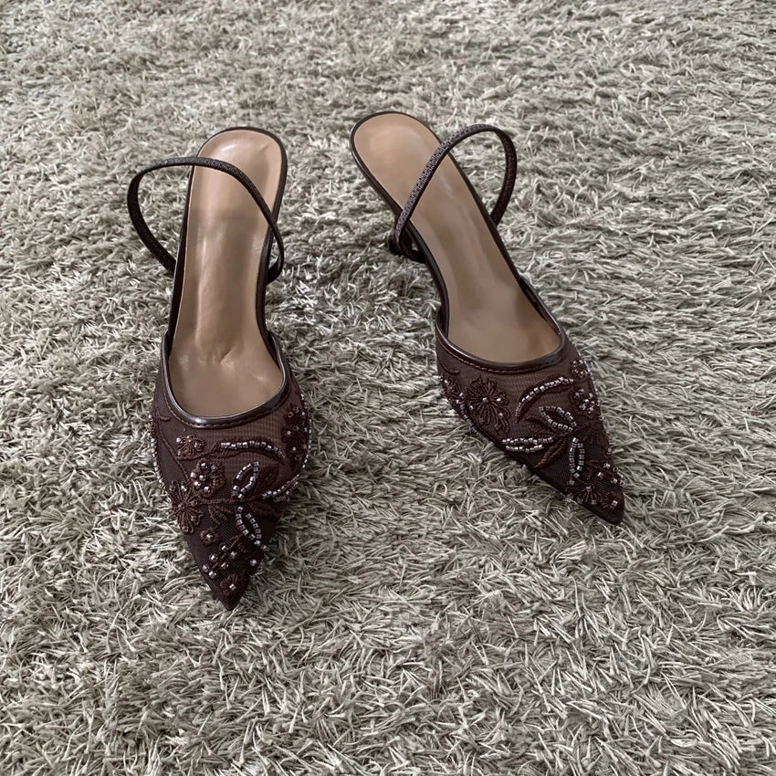 2026 String Bead Mesh Embroider Slingback High Heels Women Sexy Pointed Toe Heeled Sandals Summer Elegant Luxury Designer Shoes
