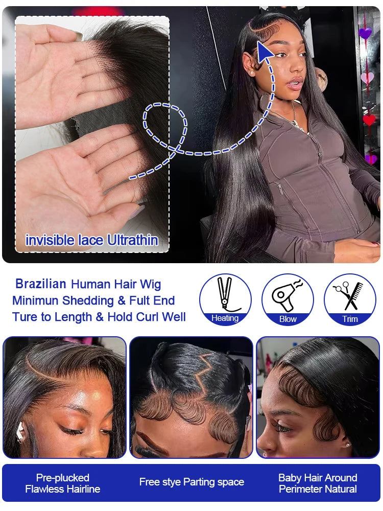 Smooth Silky Long Straight Glueless Full Lace Front Human Hair Wigs For Women Cambodian Raw Virgin 13x4 13x6 Hd Bone Straight Transparent Lace Front Wig Human Hair 40 42 Inch 300 Density Silky Straight HD Lace Frontal Wig Pre