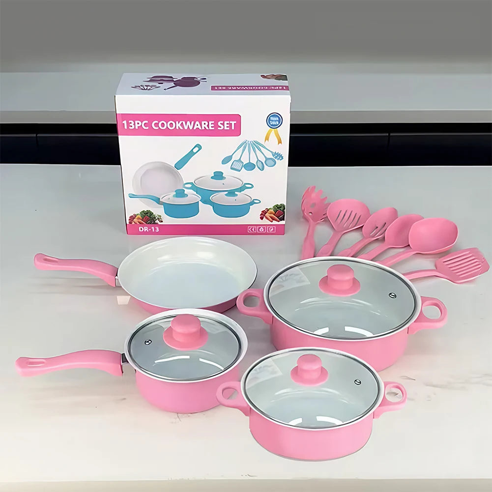 12Pcs Non Stick Cookware Set Cooking Pot with Lid Deep Frying Pan Milk Pot Maifan Stone Frying Pan for All Types of Cooker