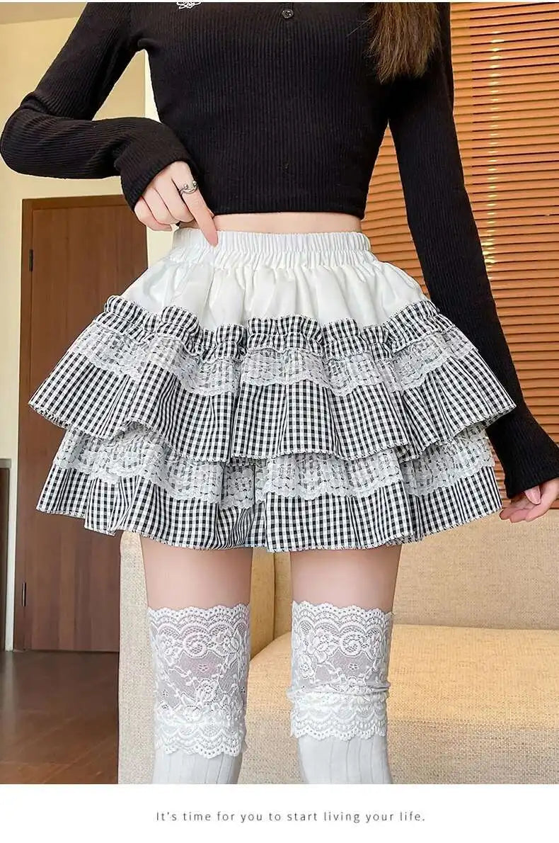 2025 Spring Summer Sweet Cute Lace Patchwork Plaid Cake Short Skirt With Shorts Womem Korean Japan Preppy Style Skirts