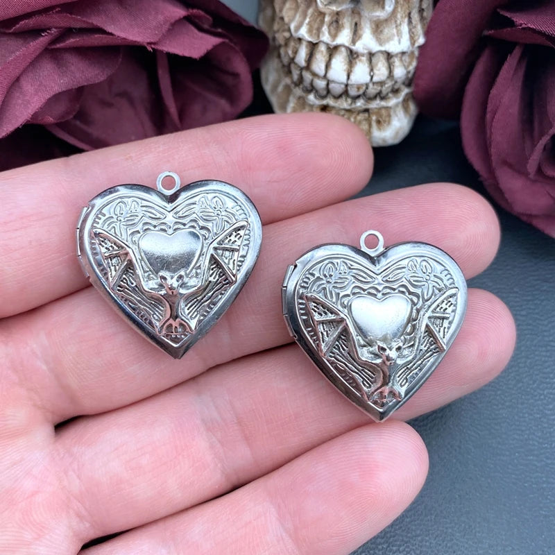 2pcs Bat Heart Locket Charms Stainless Steel Heart Photo Frame Pendant Designer Charms For Jewelry Making DIY Jewelry Findings