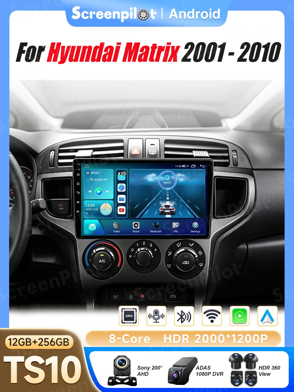 Android 16 For Hyundai Matrix 2001-2010 Car Radio Stereo Head Unit Multimedia Video Player GPS Navigation 2K QLED 9 Inch 5G RDS