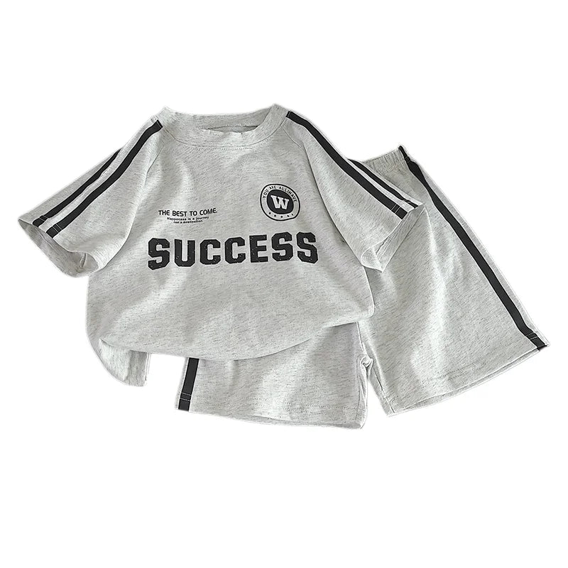 2026 New Summer Sporty Style Children Sets Letter Pattern Tee+Striped Shorts 2Pcs Clothes Short Sleeve Cotton Boys Girls Suit
