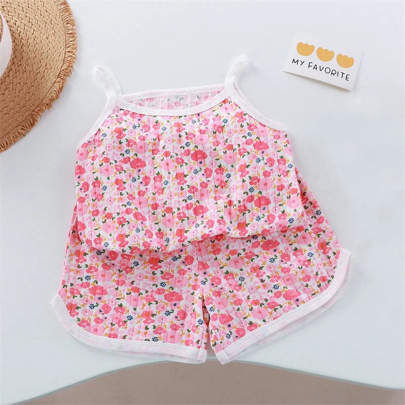 2026 New Kids Tops+shorts Set Summer Thin Baby Cotton Vest Sleeveless Loungewear Set for Girls Suit