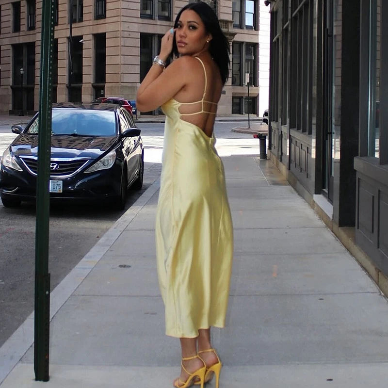 HXAO Yellow Dresses Women Satin V Neck Midi Dress Summer Backless Strap Slip Dresses Elegant Evening Party Dress 2025 Vestidos