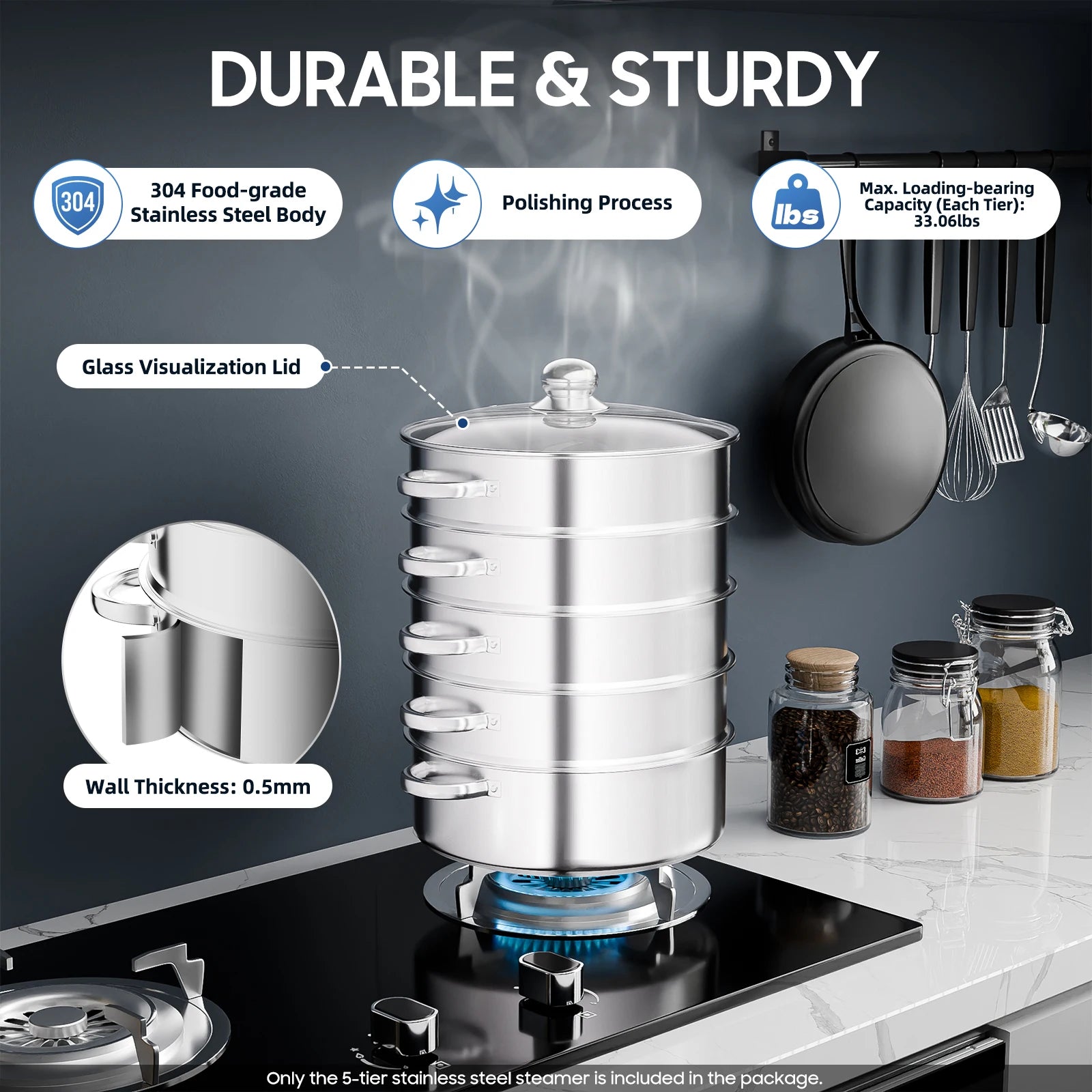5-Layer Steamer 26cm/28cm/30cm Steam Cooker 304 Food-Grade Stainless Steel 4 Steaming Grids and 1 Cooking Pot W/ Glass Lid