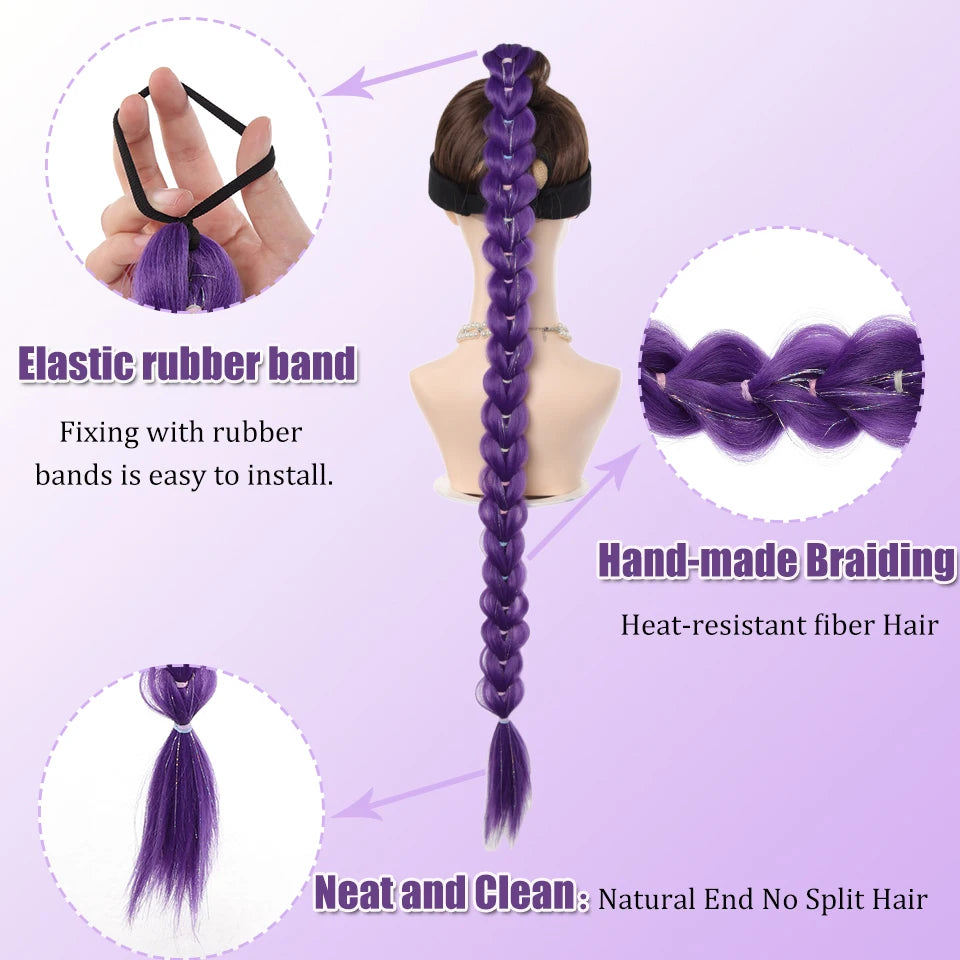 32inch Braided Purple Synthetic Ponytail with Tinsel Hair Wig Super Extensions Shiny Tinsel Hair for Kids Christmas Cosplay Hair